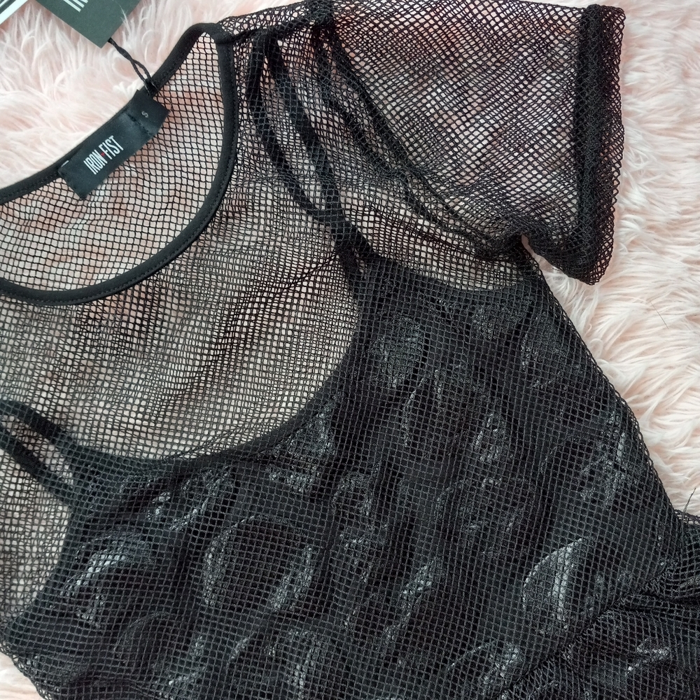 😵Fishnet overlay iron fist babydoll style "Skullz Club Mini Dress" ☠ Gothic nwt - Picture 10 of 16